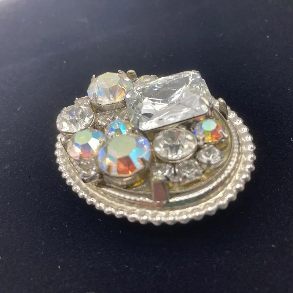 Vintage Rhinestone Silver Tone 80s Bolo Tie Clip Multi Stone Western Glam